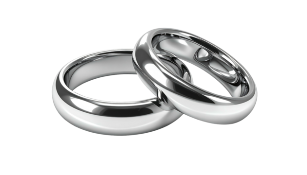 Two silver wedding bands intertwined, casting soft light reflections against a stark black background