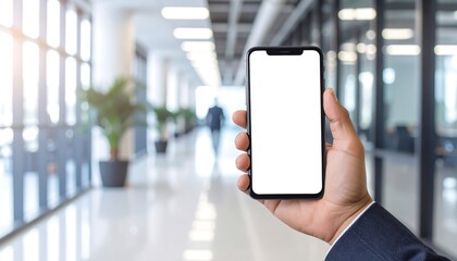 Businessman holding a smartphone with a blank white screen in a modern office building.