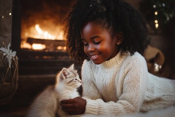 Cute little black girl hugging her cat in Christmas. Little girl in a white knitted sweater. Holiday concept. Postcard. New Year