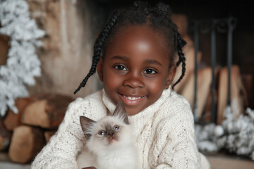 Cute little black girl hugging her cat in Christmas. Little girl in a white knitted sweater. Holiday concept. Postcard. New Year