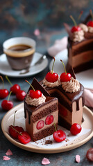 Chocolate cake with cherries. Exquisite chocolate cake with fresh cherries on top