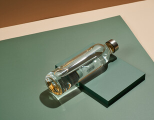 A transparent glass bottle filled with clean water, lying horizontally on sage green geometric blocks with a beige backdrop in a clean, high-contrast minimal style.