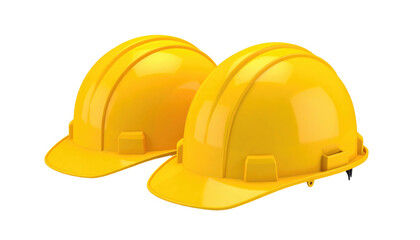 Fototapeta premium Two bright yellow construction hard hats side-by-side against a stark black background, professionally staged