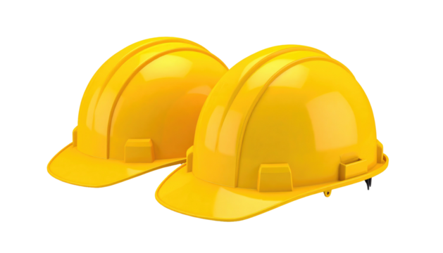Two bright yellow construction hard hats side-by-side against a stark black background, professionally staged