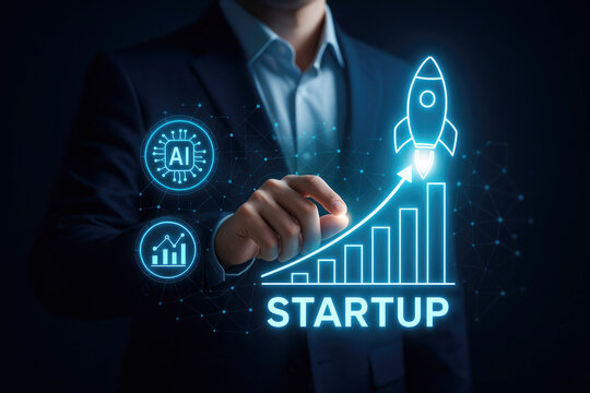 Person in suit interacting with digital startup growth chart and AI icons business rocket