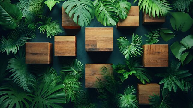 Wooden Blocks Surrounded by Lush Green Tropical Leaves