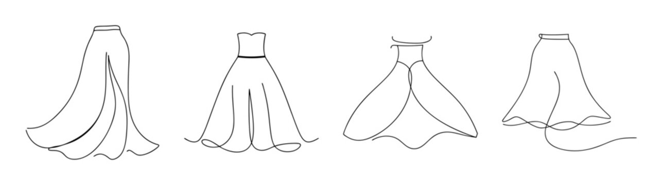 Elegant maxi skirt designs four views detailed line art fashion sketch fashion apparel clothing design