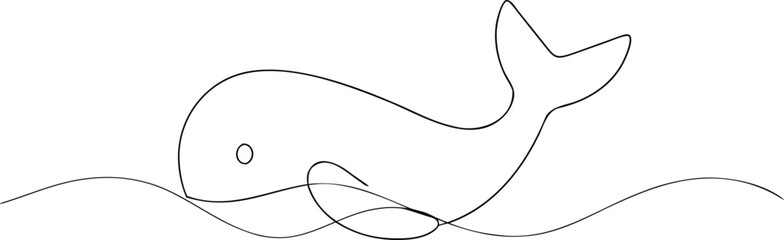 Single line drawing of a whale in wavy water ocean