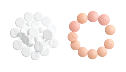 Tablets scattered on a plain white surface isolated on transparent background