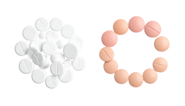 Tablets scattered on a plain white surface isolated on transparent background