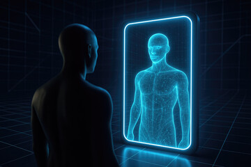 Silhouette of a person looking at a holographic 3D human body projection in a dark room artificial intelligence