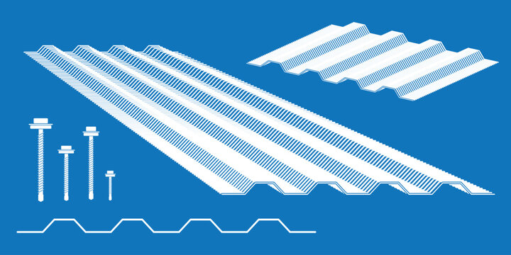 Illustration of metal roof sheet profile for residential house roofing and screw drilling self.