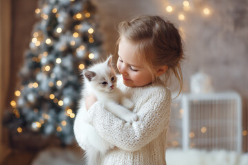 Cute little girl hugging her cat in Christmas. Little girl in a white knitted sweater. Holiday concept. Postcard. New Year