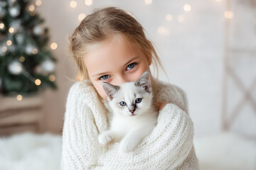 Cute little girl hugging her cat in Christmas. Little girl in a white knitted sweater. Holiday concept. Postcard. New Year