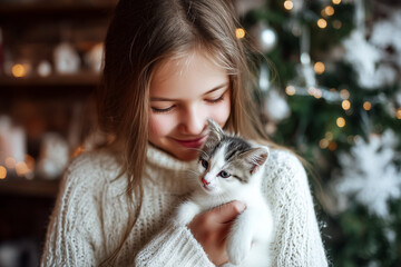 Cute little girl hugging her cat in Christmas. Little girl in a white knitted sweater. Holiday concept. Postcard. New Year