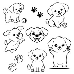 Adorable cartoon puppy drawings evoke happy, playful vibes, perfect for children's illustrations, pet-themed designs, and charming storybooks for kids