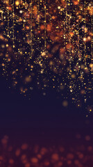 Golden lights and lines on a blak background, light stripes of gold falling from top to bottom, shining and sparkling. Background of abstract bokeh. Christmas golden luxury glitter background
