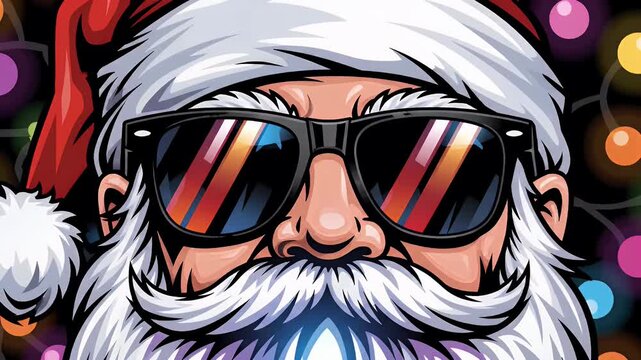 Close Up Portrait of Santa Claus Wearing Sunglasses and Red Hat against Christmas Lights Background