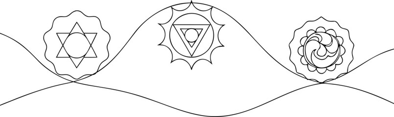 Three abstract geometric symbols on wavy lines line art