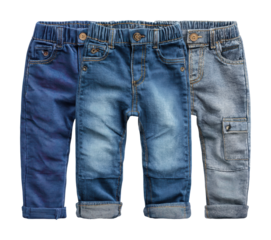 Stylish denim pants for kids fashion store product display eye-level isolated on transparent background