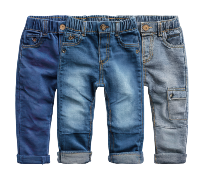 Stylish denim pants for kids fashion store product display eye-level isolated on transparent background