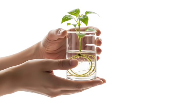 Human Hands Gently Holding a Growing Seedling in a Glass of Water