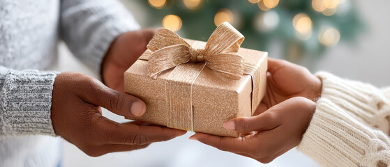 Beautiful moment captures joy of giving as two hands exchange golden gift box adorned with ribbon. This symbolizes financial goal for new year filled with hope and business opportunities