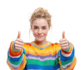 Cheerful young woman giving thumbs up portrait bright positive isolated on transparent background