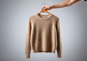 Hand holding a knitted sweater on a hanger in a studio against a plain background