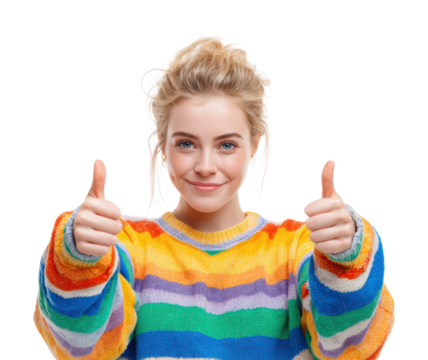 Cheerful young woman giving thumbs up portrait bright positive isolated on transparent background