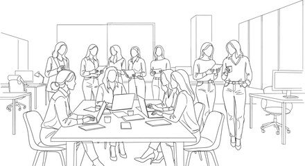 Office teamwork illustration—ten professional women using laptops, tablets, and documents in collaborative workspace, black-and-white line art vector