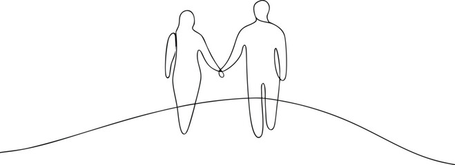 Two figures holding hands in continuous line art couple