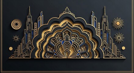 Art Deco Cityscape with Golden Ornate Details and Stylized Sunbursts.