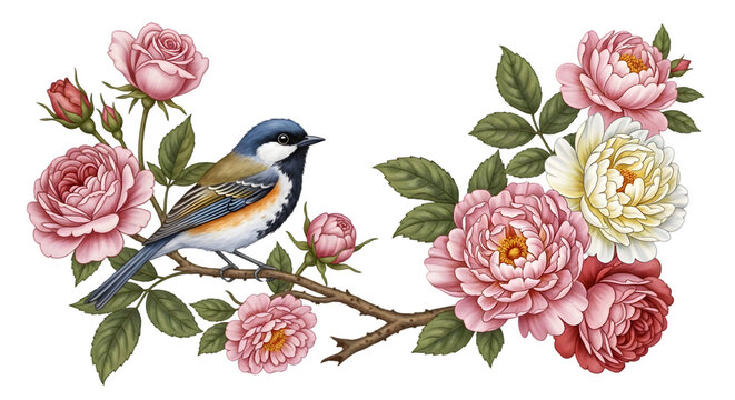 Elegant illustration of a blue and orange bird on a branch adorned with lush pink and white peony blossoms.