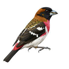 Obraz premium Detailed image of a male Rose-breasted Grosbeak bird showcasing its vibrant pink, black, and white plumage.