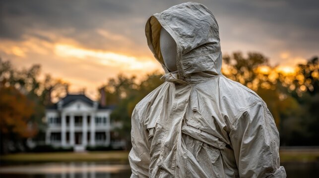 Mysterious figure in a hooded coat stands near a tranquil lake at sunset, evoking a sense of intrigue and solitude against a blurred manor backdrop.