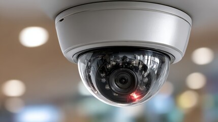 High-angle shot of a surveillance camera dome mounted on the ceiling, offering a sense of security and technological advancement, indoors.