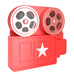 3D rendering of a vintage film camera, colored in a vibrant red with a white star