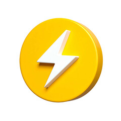 3D rendering of a white lightning bolt icon within a yellow circular button, on black