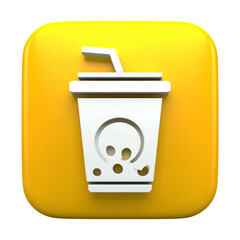 A 3D, white and yellow, square icon features a drink cup with bubbles and straw
