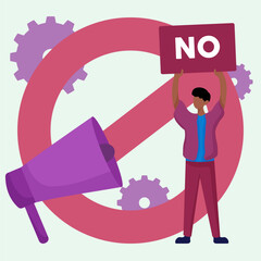 Flat Illustration Person Holding Sign Saying No with Megaphone and Gears