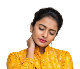 Woman experiencing neck pain indoors portrait isolated on transparent background