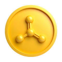 A gold-colored coin, featuring a 3-sphere connected design, set against a black backdrop