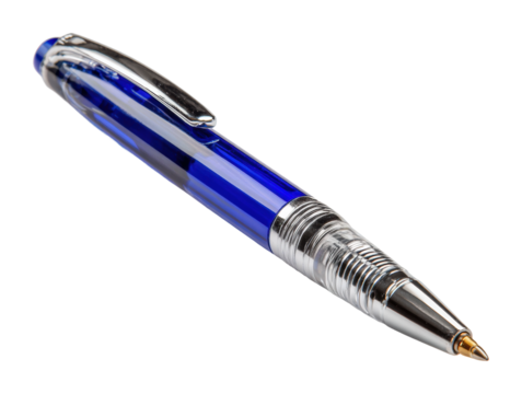 Writing action with a blue pen on a desk office environment isolated on transparent background