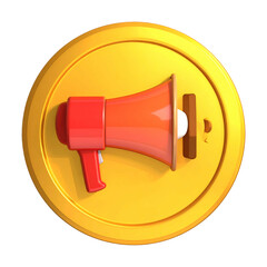 A golden coin featuring a red megaphone, against a black background