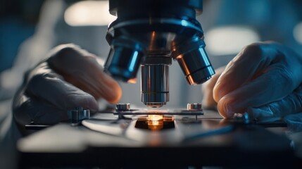 CloseUp of Scientist Using a Microscope in Laboratory