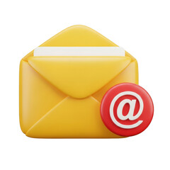 3d yellow envelope icon with red at symbol notification for email communication transparent background