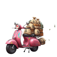 Pink scooter loaded with bags of money and currency symbol symbolizing wealth and delivery transparent background