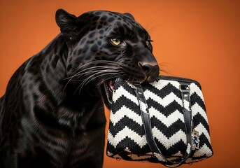Black Panther Holds Handbag A Study in Wild Beauty, Luxury, and Artistic Contrast