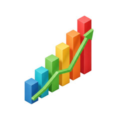 Colorful growing bar chart with upward trend arrow symbolizing success transparent background